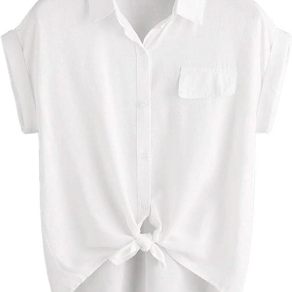 Milumia Women Casual Short Sleeve Button Down Collar Shirt Blouse Front Tie Knot